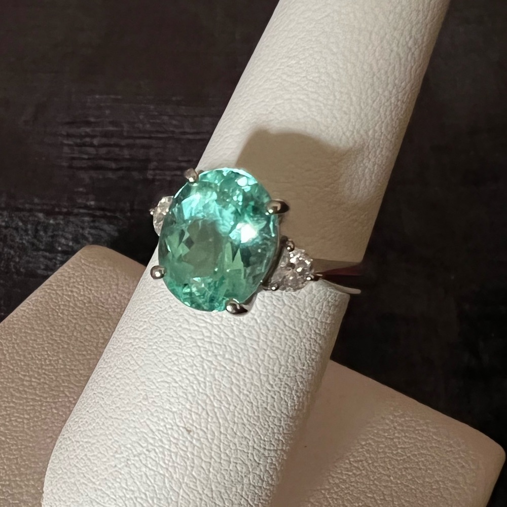 3.99 ct.  PARAIBA TOURMALINE colorless Half moon cut DIAMONDS 950 PLATINUM ring - Picture 7 of 17